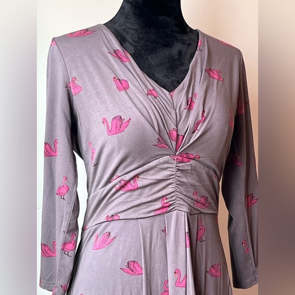 Boden Gray Ruched Sheath Dress with Pink Swans - Picture 2 of 16